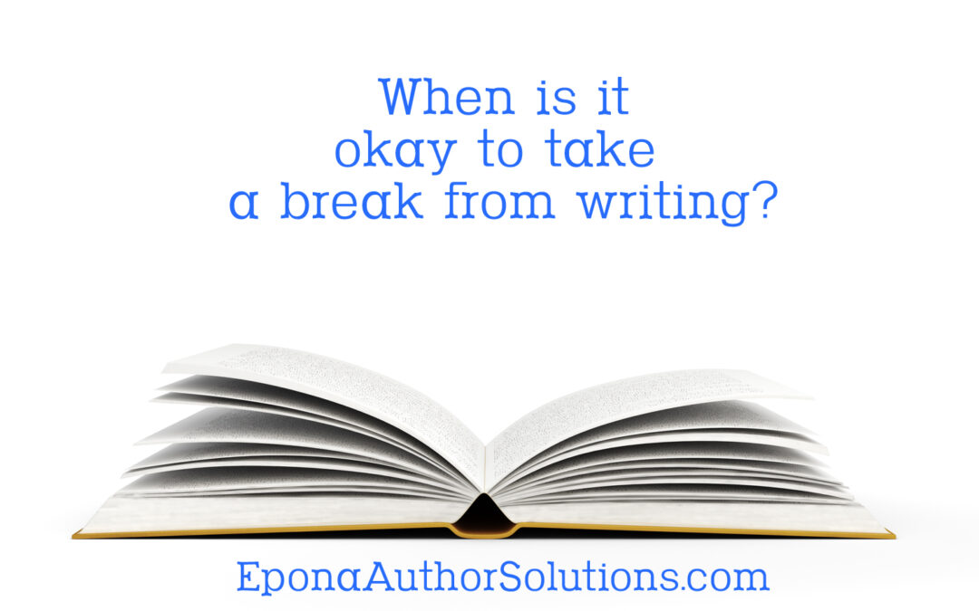 an open book on a white background with "When is it okay to take a break from writing" in blue text