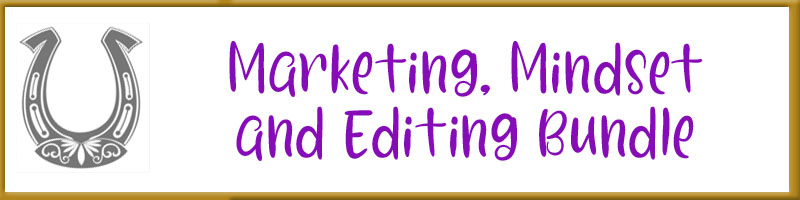 mmebundle gold border with horseshoe and purple words "Marketing, Mindset, and Editing Bundle"